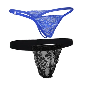 Vīriešu Žakarda Mežģīnes G String Bikini Biksītes Maisiņš Siksna Apakšveļa Melns+Zils