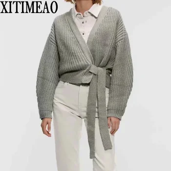 ZA Sieviešu 2020. Gadam, Modes Saistīts Ar Wrap Trikotāžas Jaka Vintage Džemperis ar garām Piedurknēm Zaudēt Sieviešu Virsdrēbes Šiks Topi