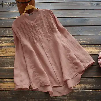 ZANZEA Pavasara Vintage Krekls Sievietēm Izšuvumi Blūze Ikdienas Elegants ar garām Piedurknēm Pogas Blusas Plus Lieluma Zaudēt Stabilu Darba virsmām
