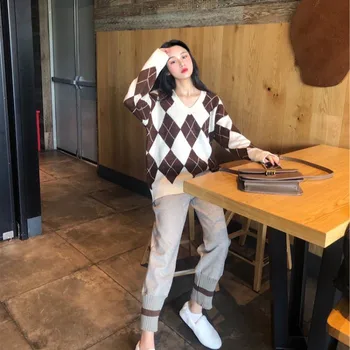 2019. gada rudens un ziemas jauno sieviešu maza smaržas uzvalks stilīgs korejas versija profesionālu adīšanas divu gabalu