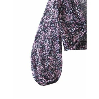 2020 sieviešu modes ziedu drukāt violeta za īsa blūze šiks lady krusta v-veida kakla ilgi laternu piedurknēm kroku krekls topi femme