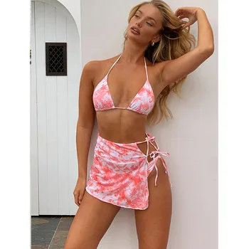 3 Gabali, Tie Krāsošanas Bikini Komplekts ar Vāciņu Līdz 2020. Gadam Sieviete Push Up Peldkostīms 2 Gabali Peldkostīmi Sieviešu Peldēšanas Tērps Sexy Beachwear