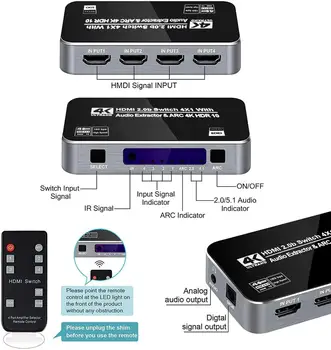 4K60Hz 4 Porti HDMI 2.0 b Switch Komutatoru Lodziņā 4 in 1 ar Optisko 3,5 mm Stereo Audio Izeja Tālvadības Audio Extractor LOKA HDCP 2.2