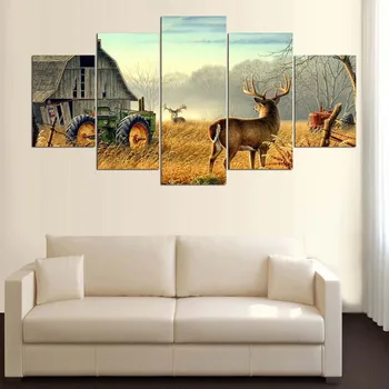 5 audekla gabals Dzīvnieku Whitetail Brieži Saimniecībā koka māju Traktoru Audekls attēlu krāsošana dekori izdrukāt plakātu sienas māksla