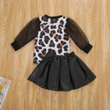 6M-5T Bērniem Meitene Leopard Apģērbu Komplekts Toddler 2020. Gada Rudenī, Rudenī Acs garām Piedurknēm T-krekls PU Svārki Gadījuma Tērpiem, Apģērbu 2gab