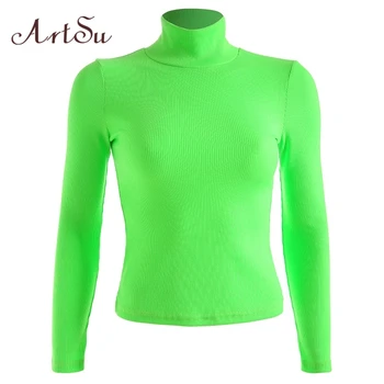 ArtSu Rudens Neona Zaļā Sieviešu T krekls ar garām Piedurknēm augstu uzrullētu apkakli Labākajiem Draugiem T krekls Sieviete Gadījuma Tee Streetwear ASTS21075