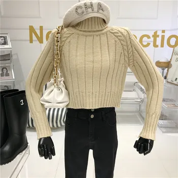 Augstas Apkakles Džemperis Džemperis Sieviešu Rudens/ziemas 2020 Sabiezējums Zaudēt Valkāt Īsus Vintage Trikotāža Augšu