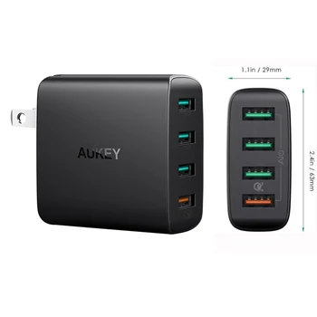 Aukey Salokāms MUMS Plug 4 Porti USB Sienas Lādētājs ar QC 3.0 Ātri Maksa Par i-Phone11 Pro Max/ Note8 S8 i-Pad