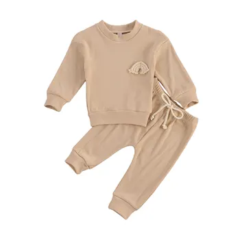 Baby Boy Meitene vienkrāsainu Apģērbu Komplekts Gadījuma garām Piedurknēm O-veida kakla Topi, T-krekli+Aukliņu Jostasvietā Garas Bikses 2gab Tērpiem