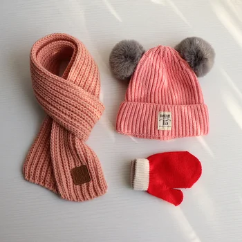 Bērnu cepure, šalle, cimdi trīs gabals, kas Rudenī un ziemā, zēni un meitenes siltas adītas cepures Cute baby zoda un kakla wrap