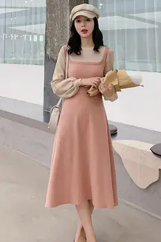 COIGARSAM Adīšanas Sieviešu viengabala kleita korejiešu Jaunā Pavasara Kleitas Black 7865