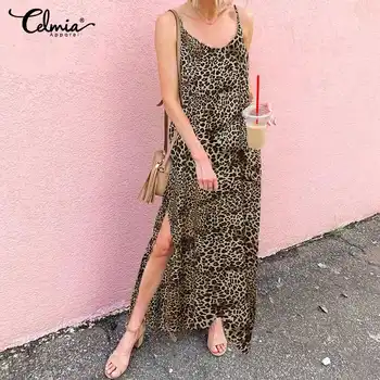 Celmia Sadalīt Leopards Drukāt Siksnas Piedurknēm Sexy Maxi Kleita Ir 2021. Modes Sieviešu Vasaras Sundress Puse Pludmali Ilgi Vestidos S-5XL