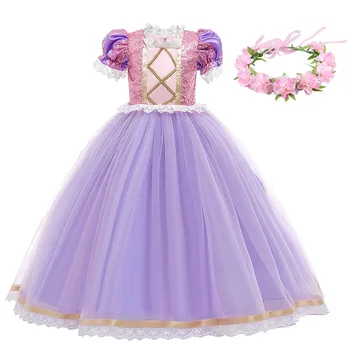Deluxe Rapunzel Kleita Meitene Mežģīnes Sequined Tangled Princeses Kostīms Bērniem Halloween, Ziemassvētku Tērpi Bērniem, Kāzu Bumbu