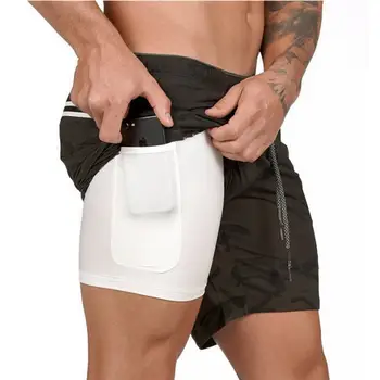Doble capa Jogger pantalones cortos hombres 2 lv 1 pantalones cortos gimnasios Fitnesa construido-en el bolsillo de las Bermudas
