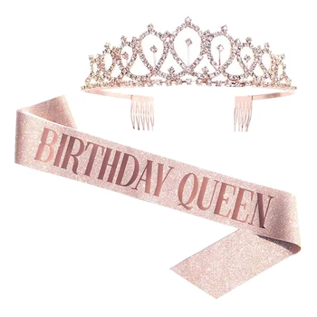 Dzimšanas diena Queen Jostas un Rhinestone Kronis-Rose Gold Dzimšanas dienas Dāvanu Spīdīgu Dzimšanas dienas Jostu, Dzimšanas dienas svinības Dāvanu