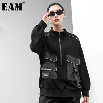 [EAM] Loose Fit Black Kabatas Krekls Jauno Stand Apkakli, garām Piedurknēm, Sieviešu Lielo Izmēru Modes Jūra Pavasara Rudens ir 2021. 1DC553