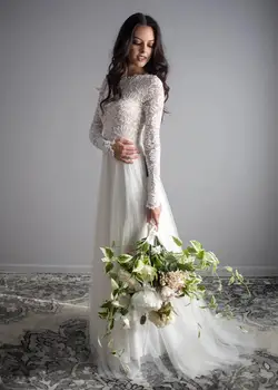 Eslieb līgavas kleita vestido de novia kāzu kleita ar garām piedurknēm, augsta kakla V atpakaļ, organza šifona tautas tērpu de mariee HA243