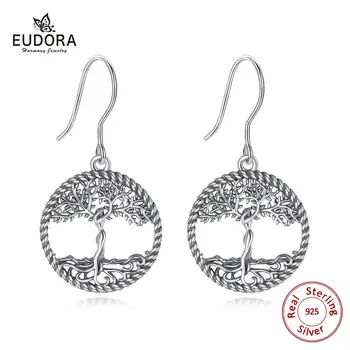 Eudora 925 Sterling Silver Tree of life Piliens Auskari Vintage oksidēta sudraba Sieviešu Modes auskari Sievietēm, Rotaslietas, Dāvanu E119