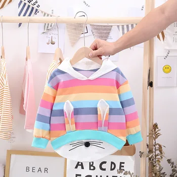 Gadījuma Pavasara Rudens Bērnu meitenei Kapuces Džemperis Rainbow Svītras, Kapuci Mētelis ar garām Piedurknēm T Krekls Top Kokvilnas Bērnu Apģērbs
