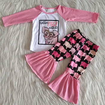 Gudrs cūku meitenei krist apģērbs, dzīvnieku kids apģērba rozā bell dibenu bikses rozā cute baby girl boutique 2-piece set
