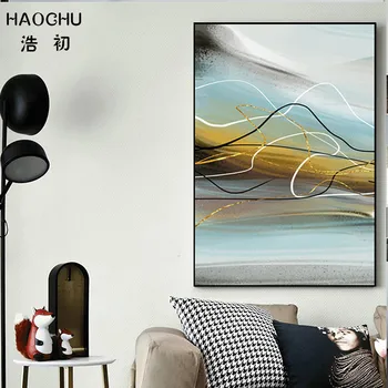 HAOCHU Abstrakts Tekstūra Mūsdienu Minimālisma Līnijas Ziemeļvalstu Kanvas Glezna Zila Dzeltena Melna Balta Mākslas Plakātu Drukas Dekoru Attēlu