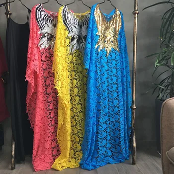 Ir 2021. Mežģīņu Kleita Super Izmērs Āfrikas Kleitas Sievietēm Lacework Vasaras Kleita Caurspīdīga Maxi Vestidos Sequin Cietā Mujer