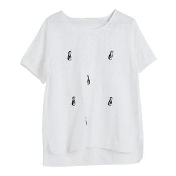 Jaunas Ielidošanas Vasaras Korejas Modes Sievietēm ar Īsām Piedurknēm Brīvs T-krekls Visiem atbilstības Gadījuma Kokvilnas Izšuvumi Tee Kreklu Femme Topi S970