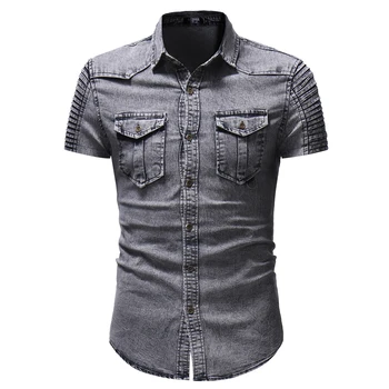 Jaunas džinsa apģērbu ārējās tirdzniecības īss piedurknēm krekls personības izšūšanas pleated sleeve džinsa krekls vīriešu apģērbu 2018 M-XXXL