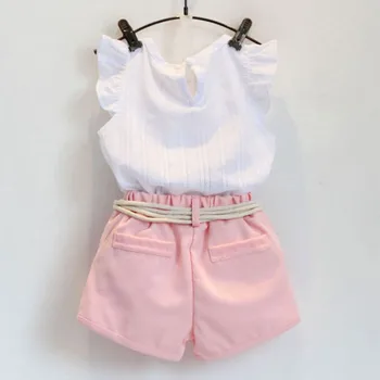 Jauns Bērnu apģērbu komplekti meitenēm Lidot piedurknēm Ziedu Kokvilnas krekls + šorti summer set sporta jostas print drēbes vēstuli