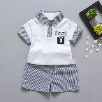Jauns bērnu apģērbu zēniem svītrainām atloks Komplekti Zēns Bērnu Īsām Piedurknēm 2 gabals T-krekls + Bikses Bērniem, Drēbes Komplekti
