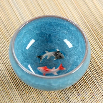 Jaunums 3D Keramikas dubultflīzes, Zivju Ķīnas tējas Liels Kauss,Crackle Glazūru Ceļojumu Tējas Bļodā Kung Fu Tējas Tase SetChinese Porcelāna Teacup Komplekti