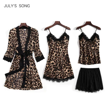 JŪLIJA TAUTAS DZIESMU Jaunas Modes 4 Gabals Pidžamas Komplekts Leopards Drukāt Sieviete Sleepwear Mākslīgā Zīda Cilpu Drēbes Ar Krūšu Pad Sleepwear