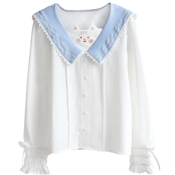 Kawaii Modes Mīksto Meitenes, Balts Krekls, Sieviešu Blūze Japāna Lolita Gudrs Kaķis Izšūtām Mežģīnēm Puff Garām Piedurknēm Princese Šifona Tops