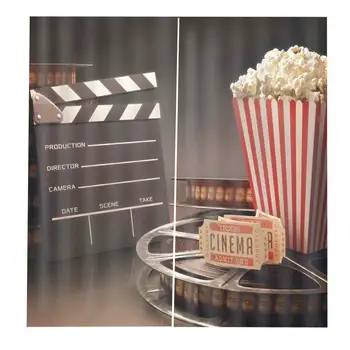 Kinoteātrī Dušas Aizkaru Ražošanas 3D Filmu Spoles Clapperboard Biļetes Popkorns un Megaphone Auduma Aizkari, pārklāji
