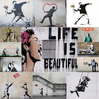 Klasiskās Graffiti Ar Banksy Mākslas un Kaligrāfija Ziemeļvalstu Modes Kanvas Glezna Plakāti un Izdrukas Sienas Mākslas Ainu, Mājas Dekoru