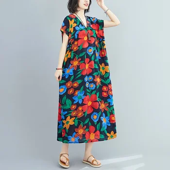 Kokvilnas plus lieluma vintage ziedu sievietes ikdienas zaudēt ilgi vasaras pludmales kleitu elegants apģērbs ir 2021. dāmas kleitas sundress