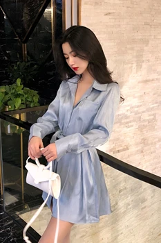 Korejiešu Stilā Kritums Vasaras Sieviešu Kleitas Modes Moderns Mirdzošs Mini Kreklu, Kleitu, Zīda Sieviešu Garām Piedurknēm Gadījuma Dāma Puse
