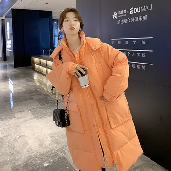 Korejiešu versija mīksti polsterēts mētelis, jaka ar lielām kabatām ziemas jauno ilgi uz leju, polsterēta parkas kapuci sievietēm mēteli
