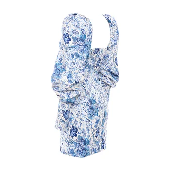 Kvadrātveida Kakla Laternu Piedurknēm Baltā Blue Print Sieviešu Bodycon Kleita Sexy Apvalku Vakara Pusei Eleganta Kleita Backless Drēbes Vestidos