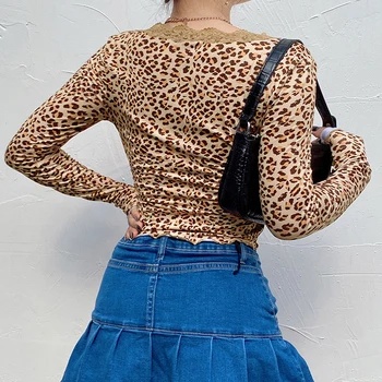 Leopards Izdrukāt Sieviešu y2k t-veida Topi, korejiešu Stilā Harajuku Mežģīnes Raibs Krekli Modes Estētisko 90s Topi 