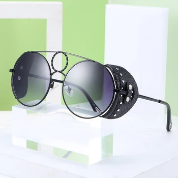 MARC Ādas Rāmis Vīriešu Punk Saulesbrilles Luksusa Zīmolu Black Steampunk Apaļas Brilles Sievietēm Modē Vintage Kniežu Pogu, Saules Brilles