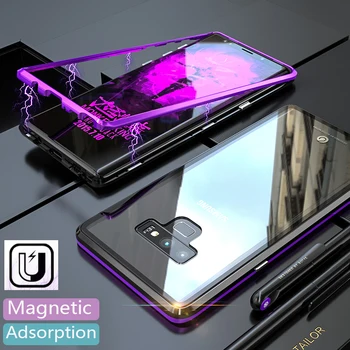 Magnētiskā Adsorbcijas Case for Samsung Galaxy Note 9 8 S9 Plus Caurspīdīga Stikla, Metāla, Case Samsung Note 8 9 S8 Plus Vāciņu