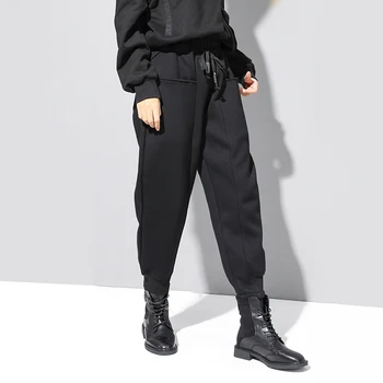 Melnā Augstu Elastīgs Viduklis Harēma Bikses Sievietēm Kabatas Aukliņu Modes 2020 Rudens Ziemas Zaudēt Gadījuma Bikses Sievietēm Streetwear