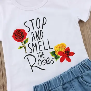 Modes Jauns Zīdainis Bērniem Girl Vasaras Apģērbs ar Īsām Piedurknēm Ziedu T-krekls Topi+Izšūt Rose Puķu Caurumu Džinsa Svārki 2PCS Set