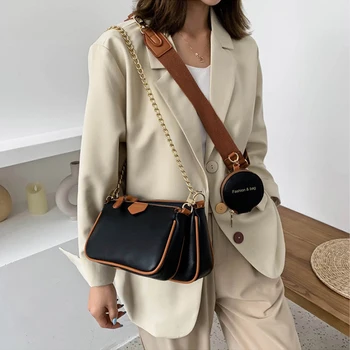 Modes ķēdes sieviešu plecu somas, dizaineru plata siksna messenger somas luksusa pu ādas crossbody soma dāma mazā somiņā 3 spilvenu komplekts