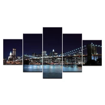 Mūsdienu Audekls Bildes Sienu Mākslas Karkasa Mājas Dekoru, 5 gab Brooklyn Bridge Waterfront Pilsētas Nightscape Gleznas HD Izdrukas, Plakāti