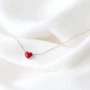Nekustamā 925 Sterling Silver Classic sarkana sirds sānslīdi kaklasaite Kaklarota Minimālisma Smalkas Rotaslietas Sievietēm, Dzimšanas dienas svinības Piederumi