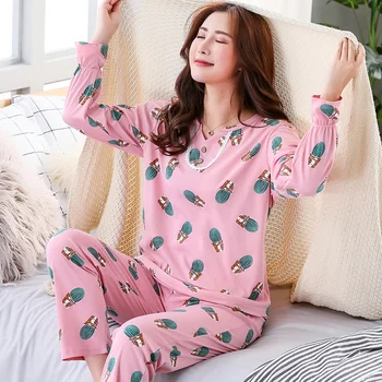 Pavasara kaktuss drukāt pidžamas komplekts long-sleeve sieviešu, mājas drēbes, sieviešu trikotāžas-adītas kokvilnas sleepwear mežģīnes pijamas mujer M-3XL