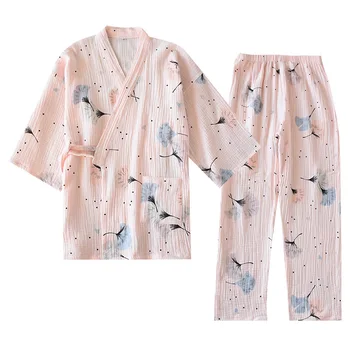 Pavasarī un Vasarā Tīras Kokvilnas Dzija Kimono Pidžamu V-veida Kakla Drukāšanas Plus Lieluma Pijama Mujer Loungewear Sievietes 2 Gabals Sleepwear