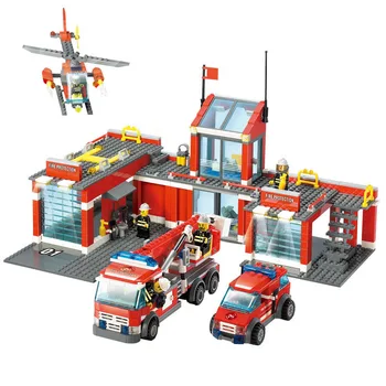 Pilsētas Fire Station 3D Modeli Glābšanas Fire Engine Kravas Transportlīdzeklis Helikoptera Modeli, Celtniecības Blokus, Uzstādīt Rotaļu Kazi 8051 8054 boy mazulis